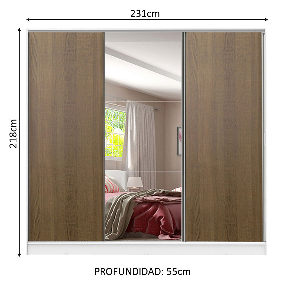 Placard Matrimonial 100% MDF Royale 3 Puertas Corredizas con Espejo Blanco/Marrón