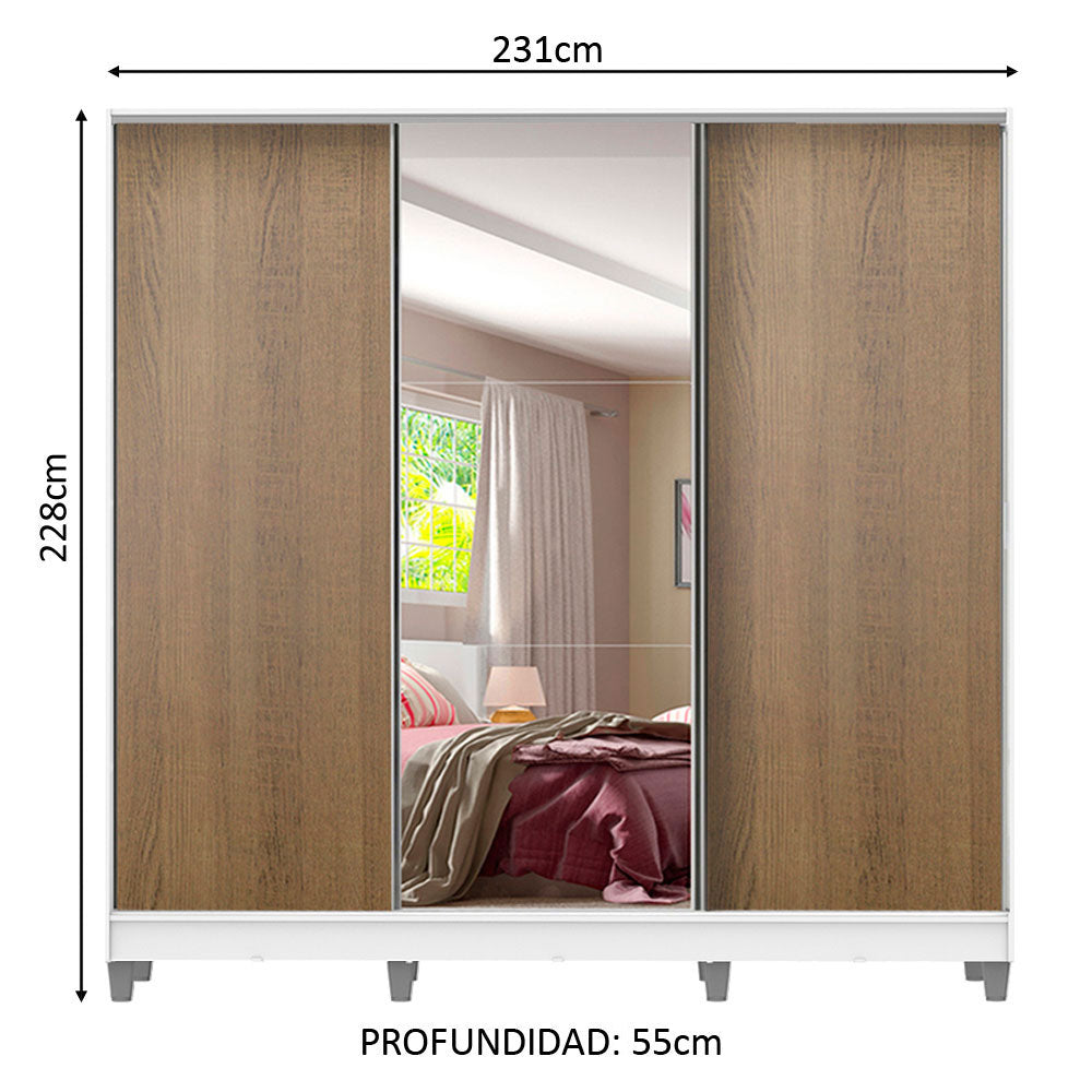Placard Matrimonial 100% MDF Royale 3 Puertas Corredizas con Espejo con Patas Blanco/Marrón