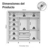 Placard Matrimonial Malta 231 cm 3 Puertas Corredizas con 1 Espejo 4 Cajones con Patas 100% MDF Blanco Madesa