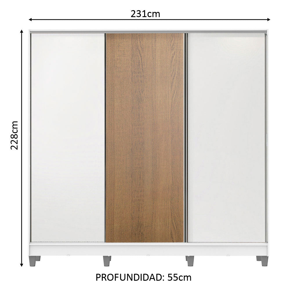 Placard Matrimonial 100% MDF Royale 3 Puertas Corredizas con Patas Blanco/Blanco/Marrón