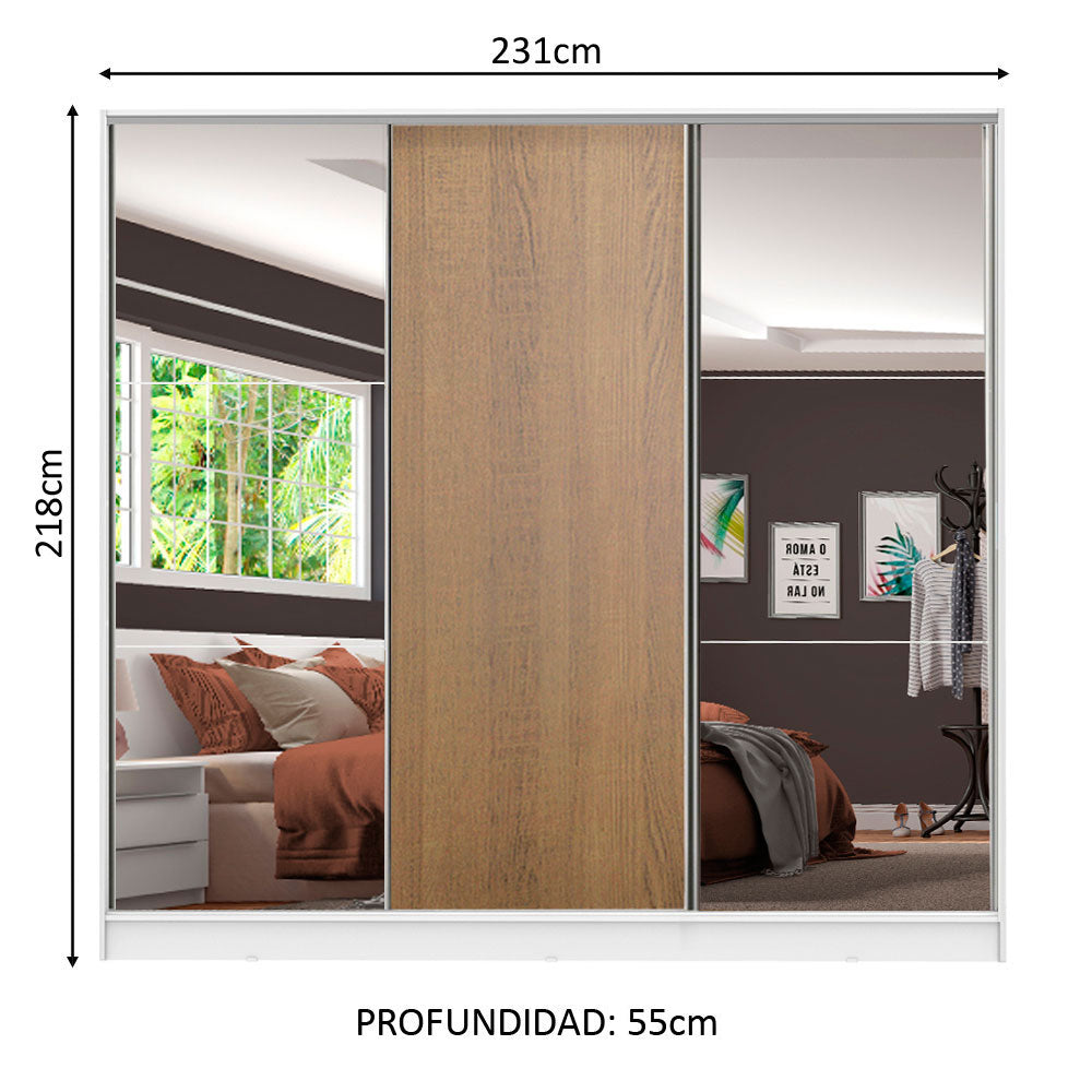 Placard Matrimonial 100% MDF Royale 3 Puertas Corredizas con Espejos Blanco/Marrón