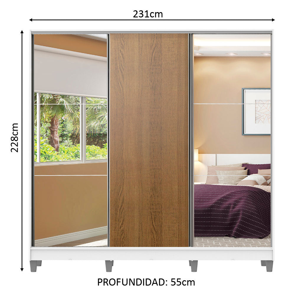 Placard Matrimonial 100% MDF Royale 3 Puertas Corredizas con Espejos con Patas Blanco/Marrón
