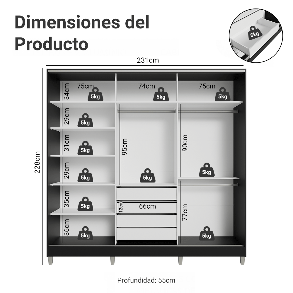 Placard Matrimonial Malta 231 cm 3 Puertas Corredizas con 1 Espejo 4 Cajones con Patas 100% MDF Negro Madesa