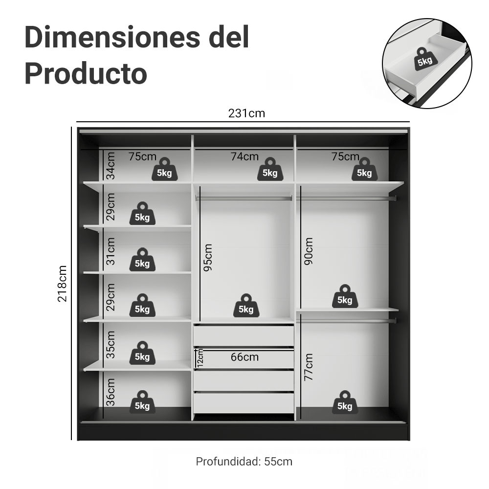 Placard Matrimonial Malta 231 cm 3 Puertas Corredizas 4 Cajones 100% MDF Negro Madesa