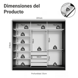 Placard Matrimonial Malta 231 cm 3 Puertas Corredizas 4 Cajones 100% MDF Negro Madesa