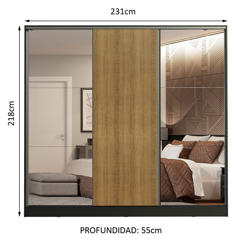 Placard Matrimonial 100% MDF Royale 3 Puertas Corredizas con Espejos Negro/Marrón