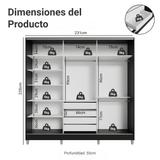 Placard Matrimonial Malta 231 cm 3 Puertas Corredizas 4 Cajones con Patas 100% MDF Negro Madesa