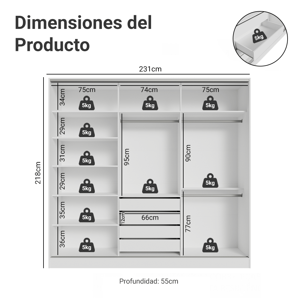 Placard Matrimonial Malta 231 cm 3 Puertas Corredizas 4 Cajones con Patas 100% MDF Blanco/Marrón Madesa