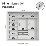 Placard Matrimonial Malta 231 cm 3 Puertas Corredizas 4 Cajones con Patas 100% MDF Blanco/Marrón Madesa