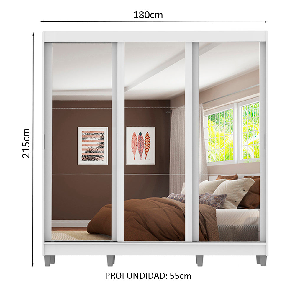 Placard Ropero Casal Madesa Napoli 3 Puertas Corredizas con Espejo con patas Blanco