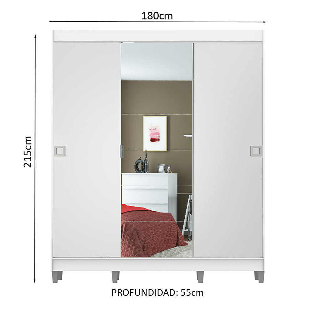 Ropero Placard Madesa Veneza 3 Puertas 1 Espejo y Patas Blanco