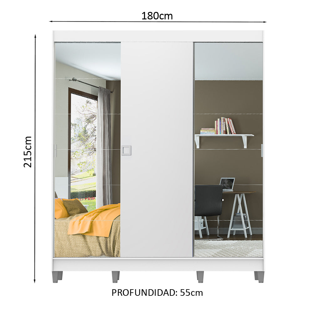 Ropero Placard Madesa Veneza 3 Puertas 2 Espejos y Patas Blanco