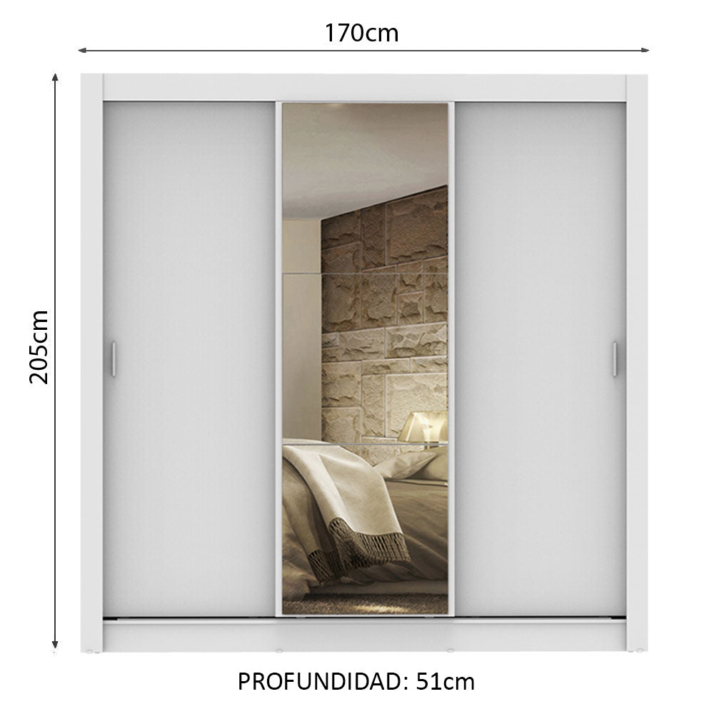 Placard Matrimonial Lyon 3 Puertas Corredizas con Espejo 2 Cajones Blanco