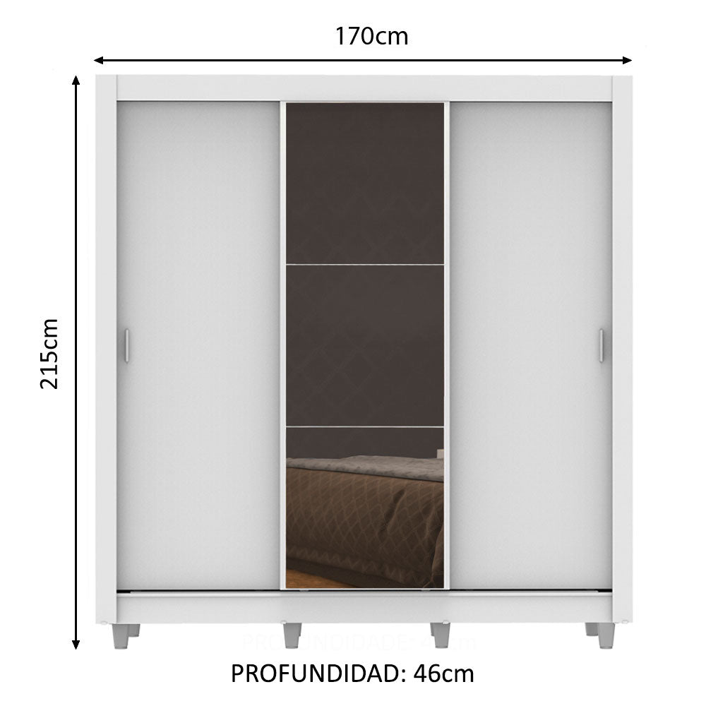 Placard Matrimonial Lyon 3 Puertas Corredizas con Espejo 2 Cajones con Patas Blanco