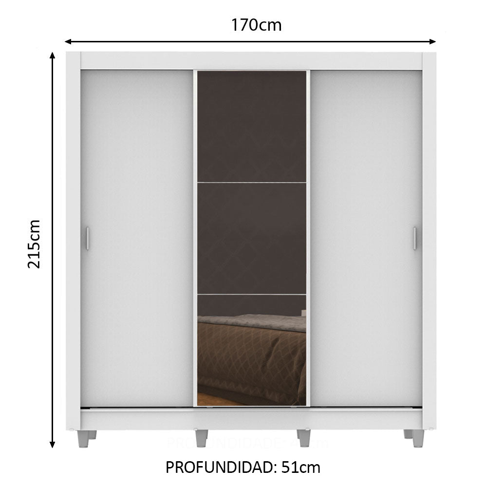 Placard Matrimonial Lyon 3 Puertas Corredizas con Espejo 2 Cajones con Patas Blanco