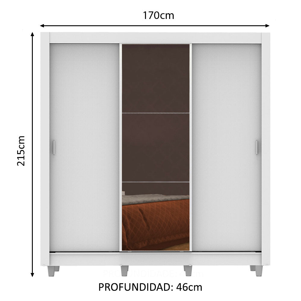 Placard Matrimonial Lyon Plus 3 Puertas Corredizas con Espejo 4 Cajones con Patas Blanco