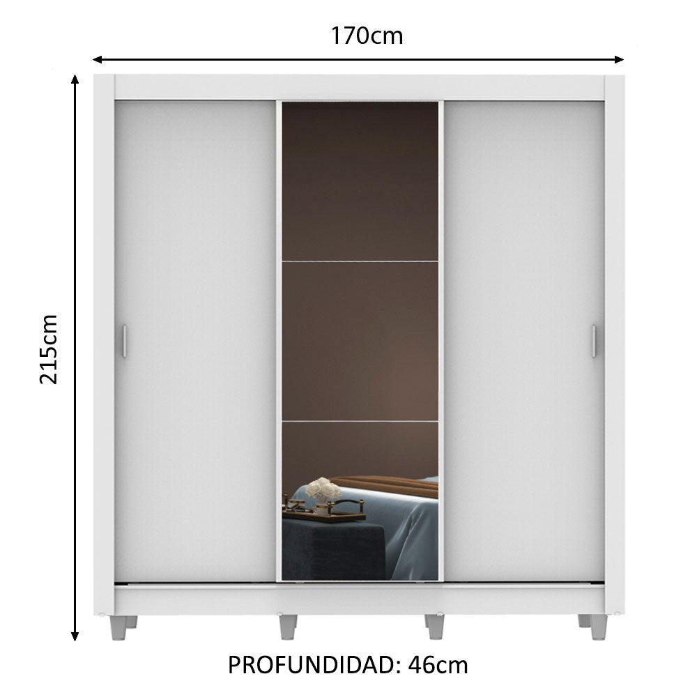 Placard Matrimonial Mónaco 3 Puertas Corredizas con Espejo con Patas Blanco