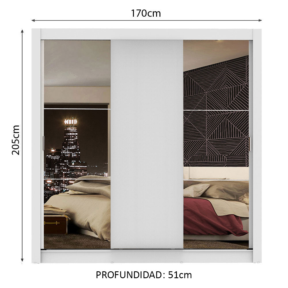Placard Matrimonial Monaco 3 Puertas Corredizas 2 con Espejo - Blanco