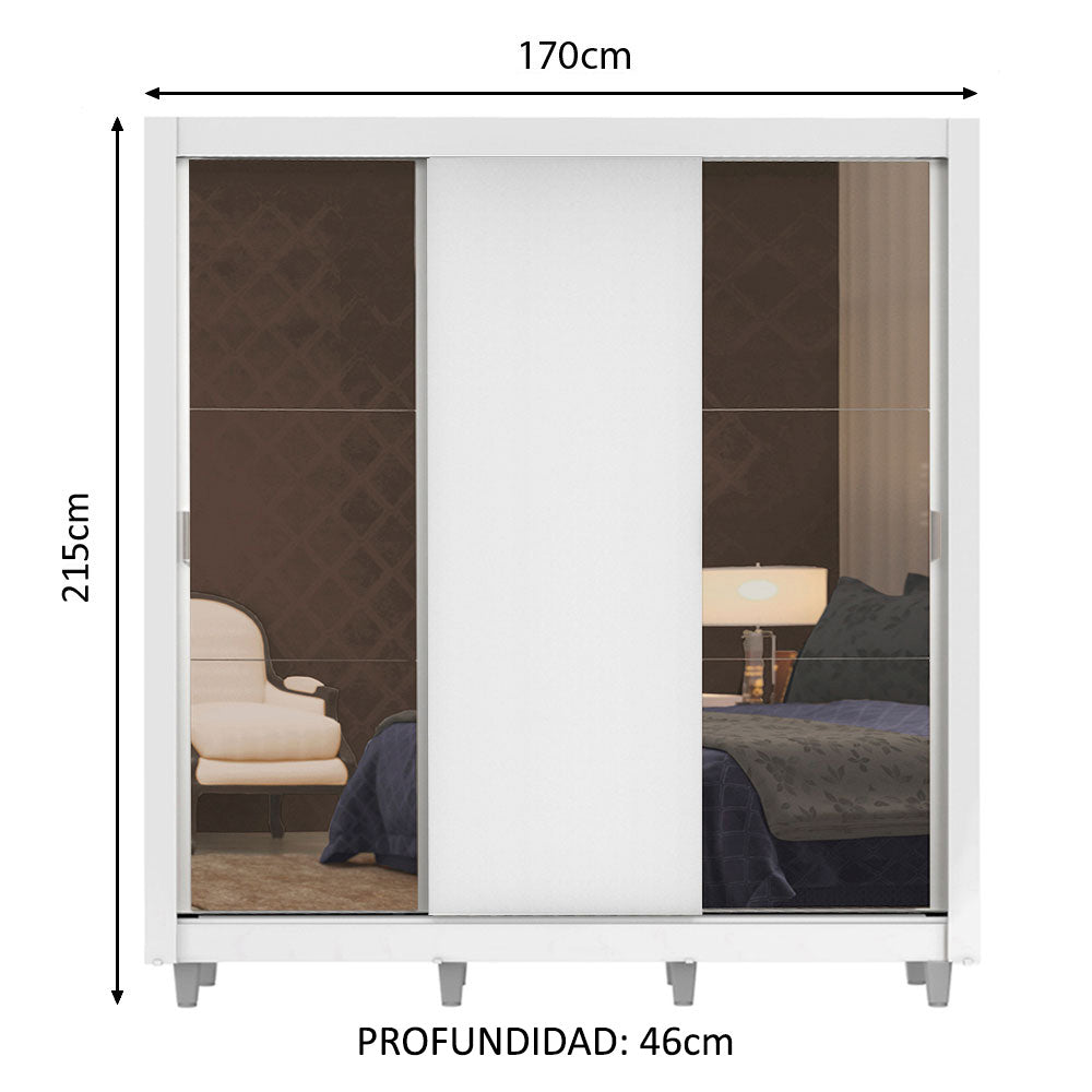 Placard Matrimonial Lyon 3 Puertas Corredizas con Espejos 2 Cajones con Patas Blanco