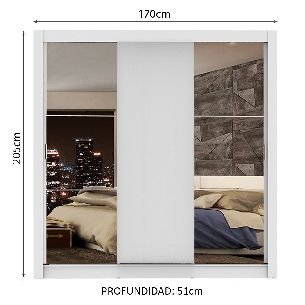 Placard Matrimonial Lyon Plus 3 Puertas Corredizas con Espejos 4 Cajones Blanco