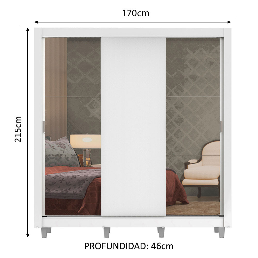 Placard Matrimonial Lyon Plus 3 Puertas Corredizas con Espejos 4 Cajones con Patas Blanco
