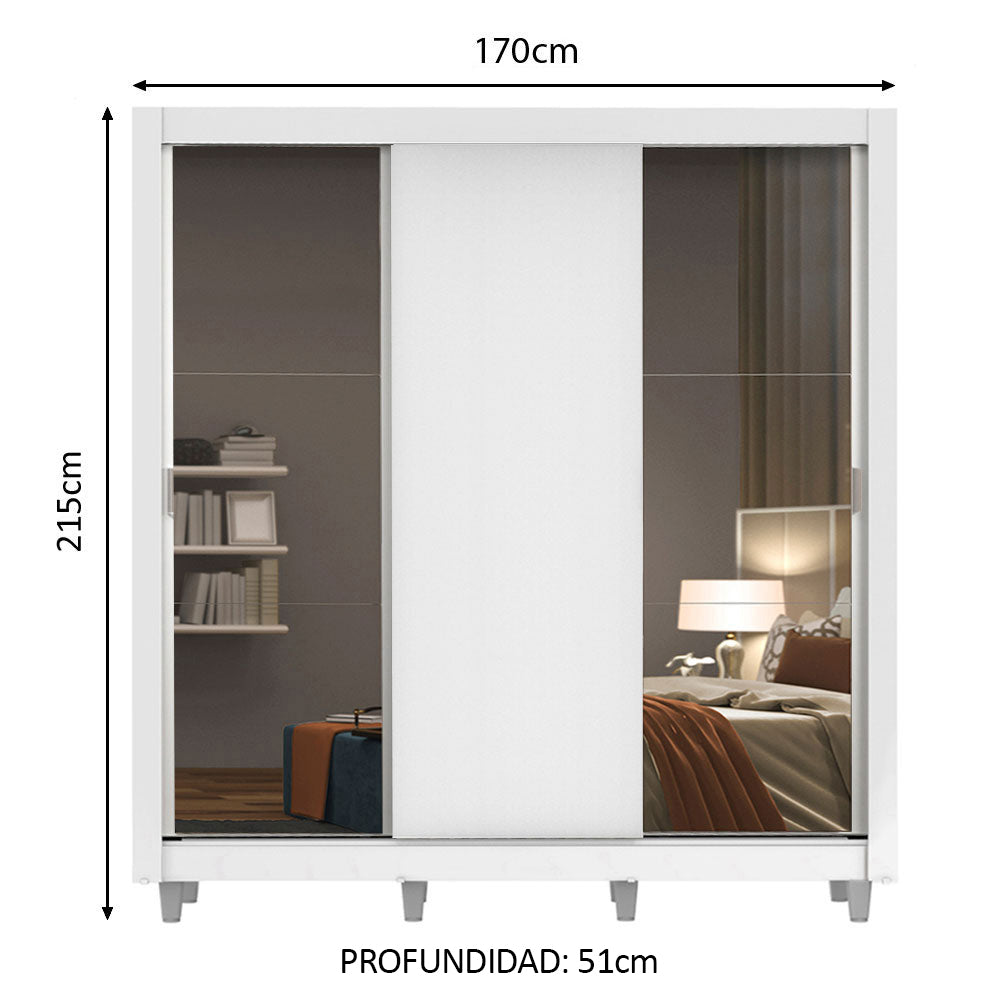 Placard Matrimonial 3 Puertas Corredizas con Espejos con Patas Blanco Monaco