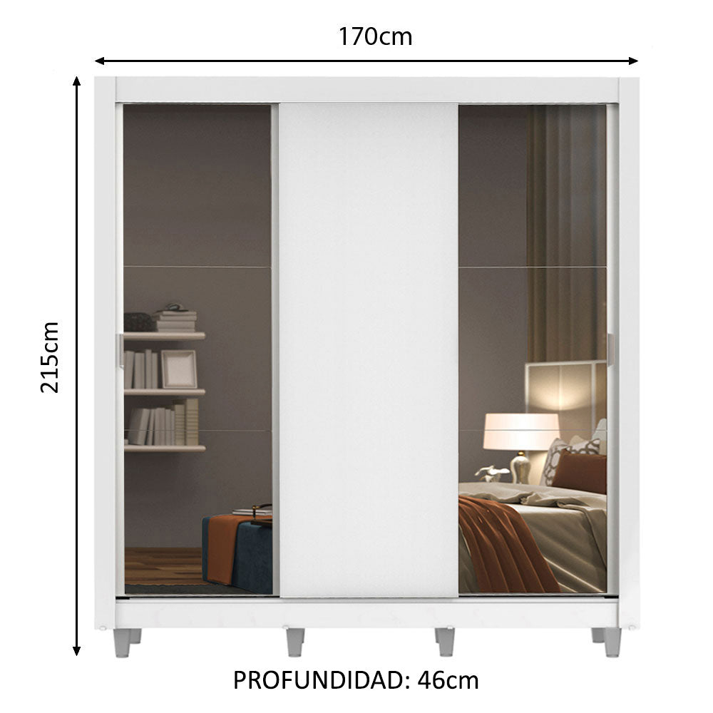 Placard Matrimonial 3 Puertas Corredizas con Espejos con Patas Blanco Monaco