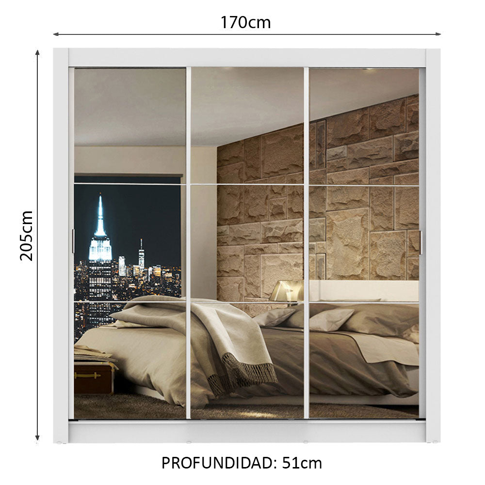 Placard Matrimonial Lyon 3 Puertas Corredizas con Espejo 2 Cajones Blanco