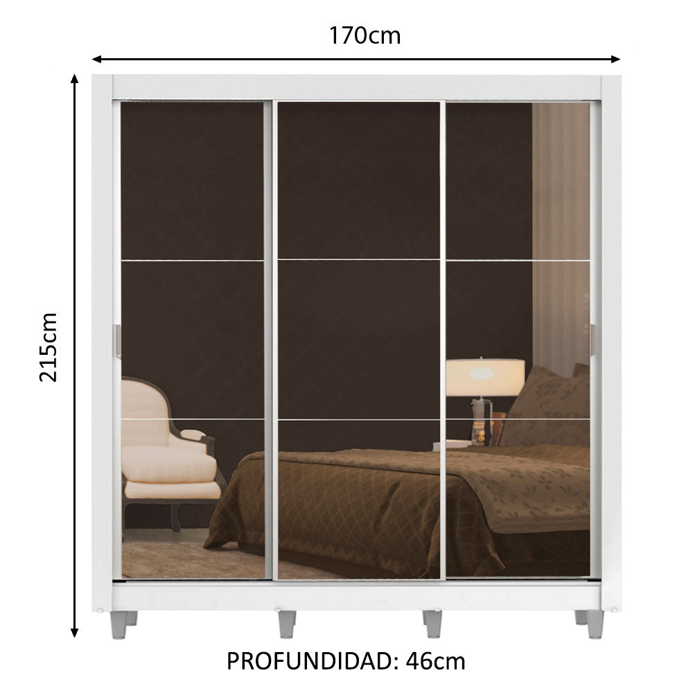 Placard Matrimonial Lyon 3 Puertas Corredizas con Espejo 2 Cajones con Patas Blanco