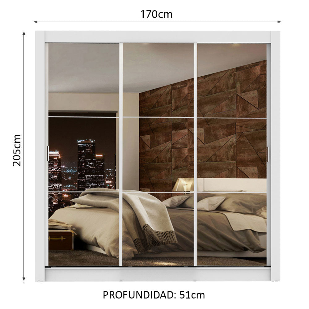 Placard Matrimonial Lyon Plus 3 Puertas Corredizas con Espejo Blanco