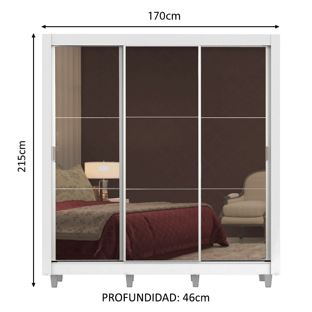 Placard Matrimonial Lyon Plus 3 Puertas Corredizas con Espejo 4 Cajones con Patas Blanco