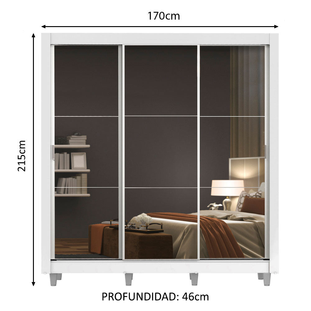 Placard Matrimonial 3 Puertas Corredizas con Espejos con Patas Blanco Monaco