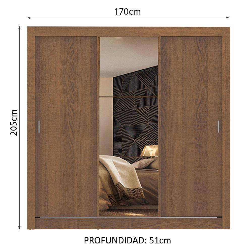 Placard Matrimonial Monaco 3 Puertas Corredizas 1 con Espejo - Marrón