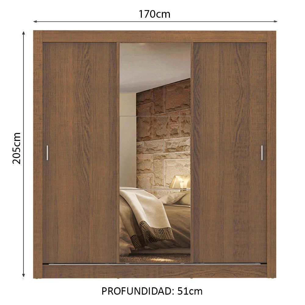 Placard Matrimonial Lyon 3 Puertas Corredizas con Espejo 2 Cajones Marrón