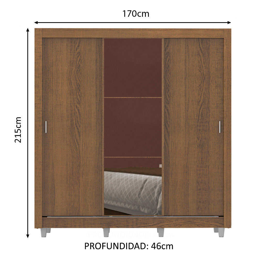 Placard Matrimonial Lyon 3 Puertas Corredizas con Espejo 2 Cajones con Patas Marrón
