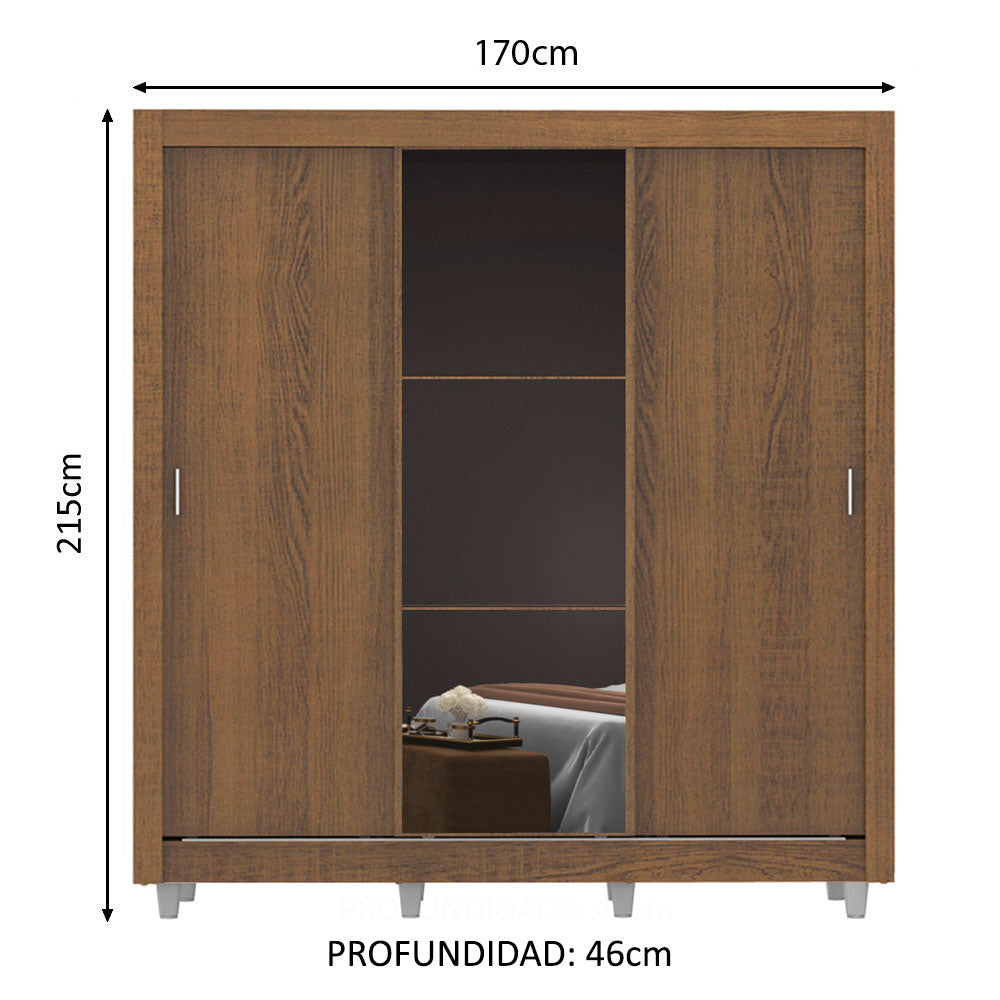 Placard Matrimonial Mónaco 3 Puertas Corredizas con Espejo con Patas Marrón