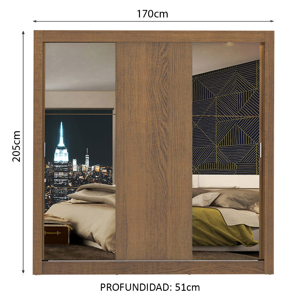 Placard Matrimonial Lyon 3 Puertas Corredizas con Espejos 2 Cajones Marrón