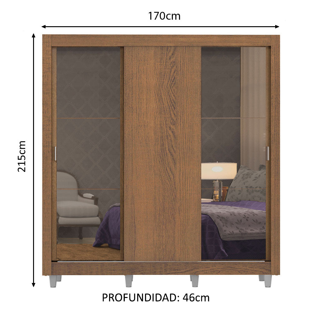 Placard Matrimonial Lyon 3 Puertas Corredizas con Espejos 2 Cajones con Patas Marrón