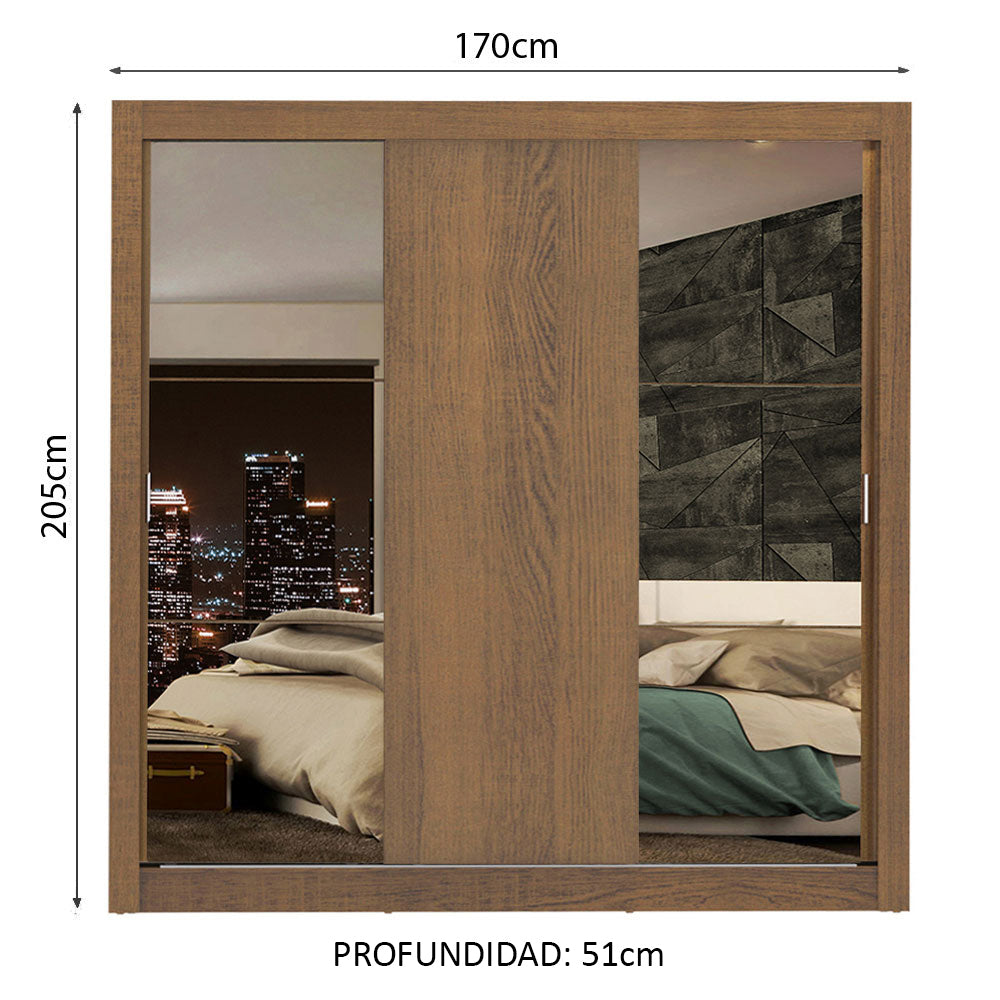 Placard Matrimonial Lyon Plus 3 Puertas Corredizas con Espejos 4 Cajones Marrón
