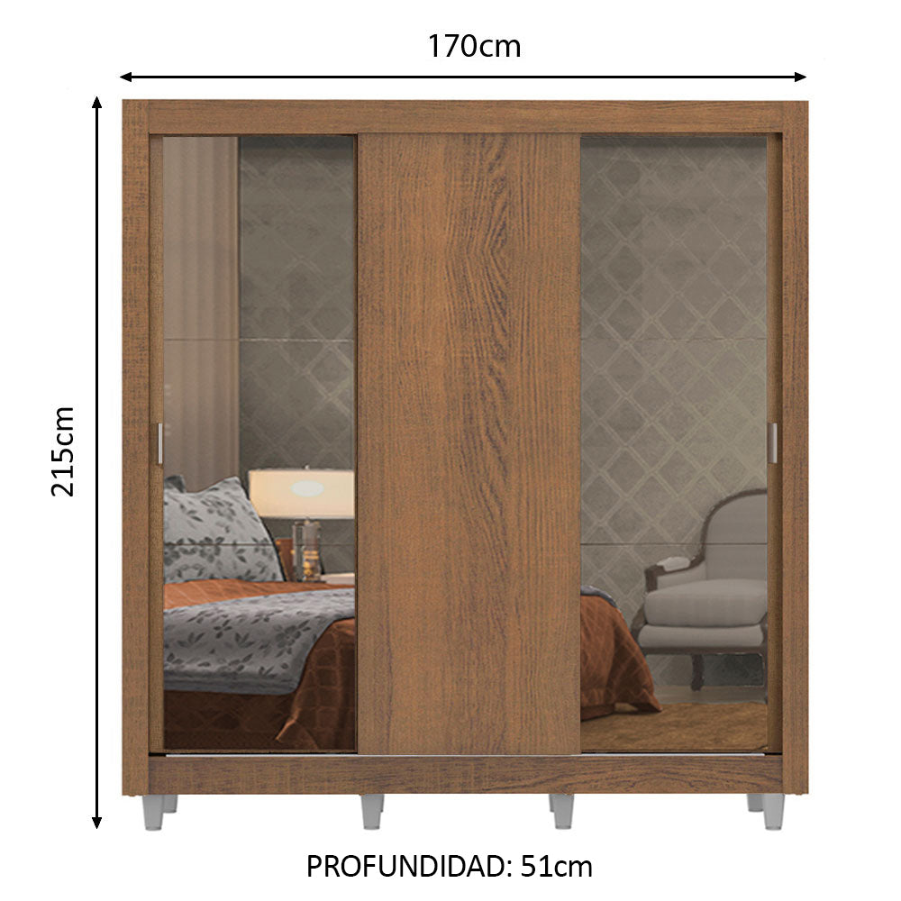 Placard Matrimonial Lyon Plus 3 Puertas Corredizas con Espejos 4 Cajones con Patas Marrón