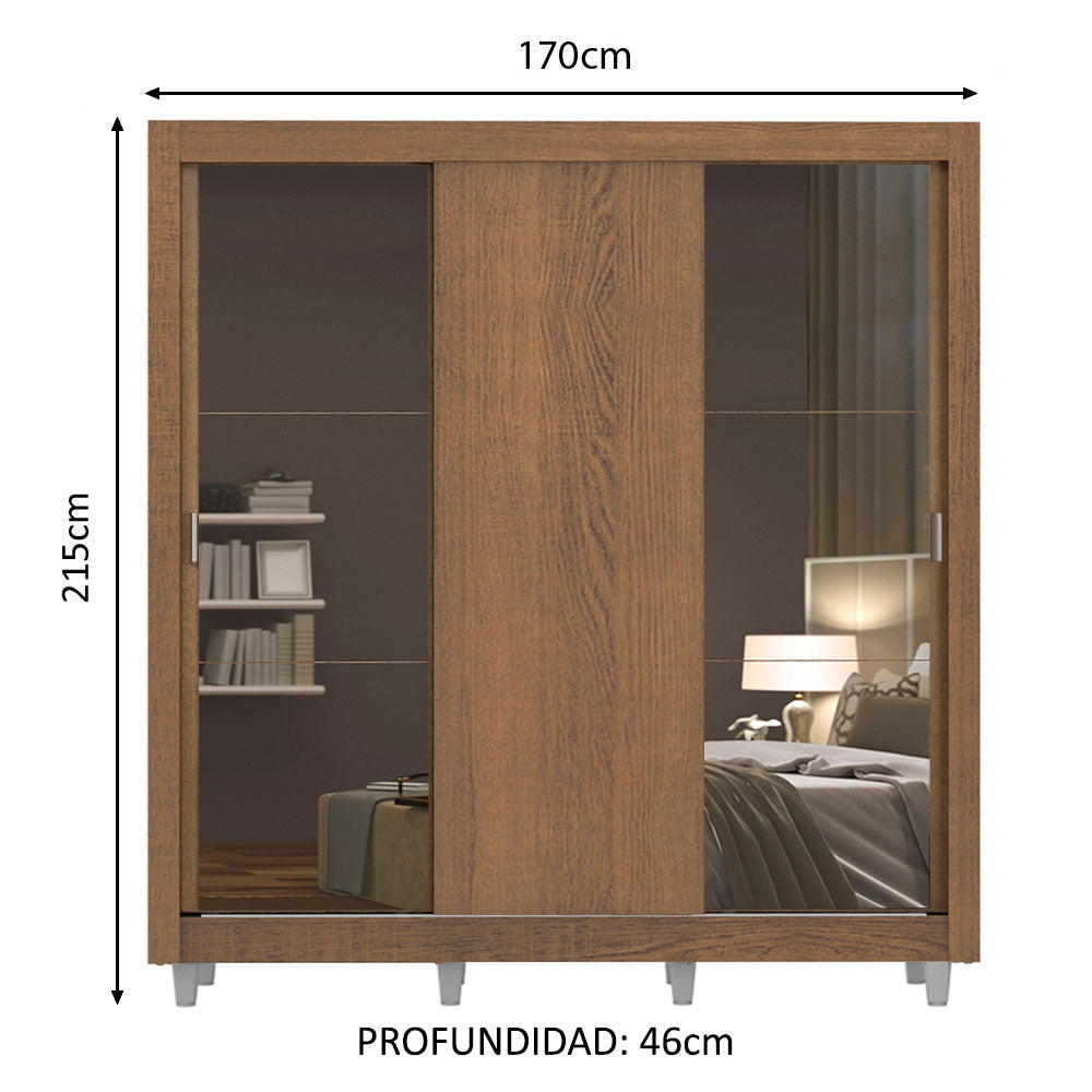 Placard Matrimonial 3 Puertas Corredizas con Espejos con Patas Marrón Monaco