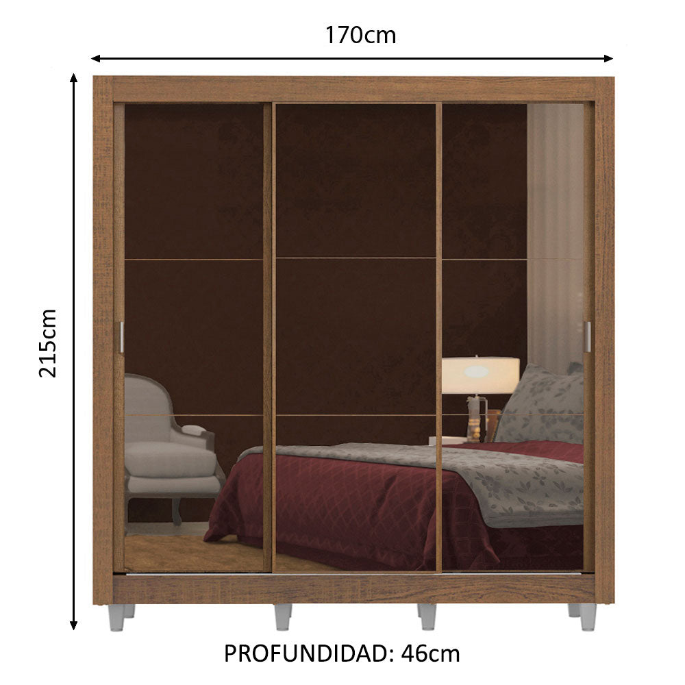 Placard Matrimonial Lyon 3 Puertas Corredizas con Espejo 2 Cajones con Patas Marrón