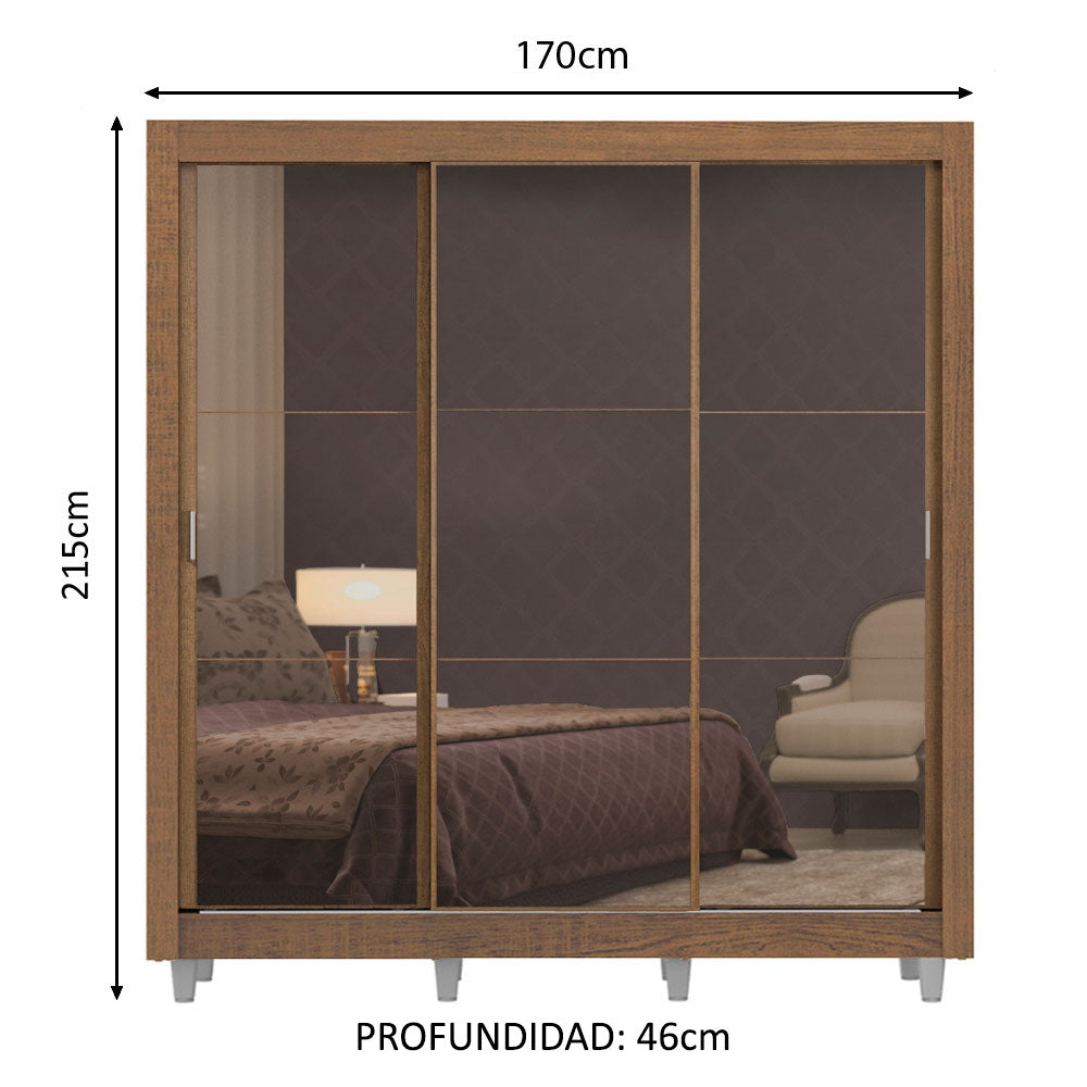 Placard Matrimonial Lyon Plus 3 Puertas Corredizas de Espejo 4 Cajones con Patas Marrón