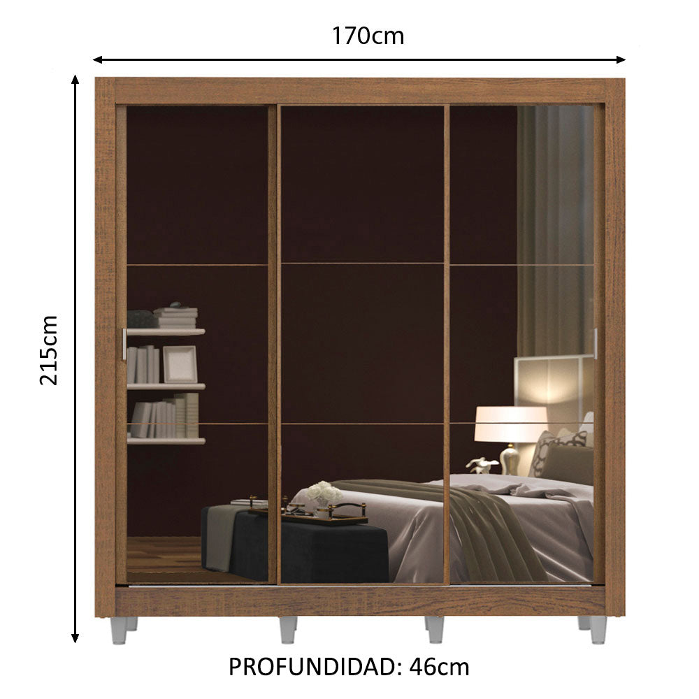 Placard Matrimonial 3 Puertas Corredizas con Espejos con Patas Marrón Monaco