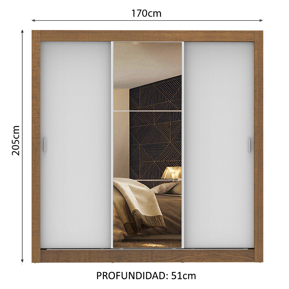 Placard Matrimonial Monaco 3 Puertas Corredizas 1 con Espejo - Marrón/Blanco