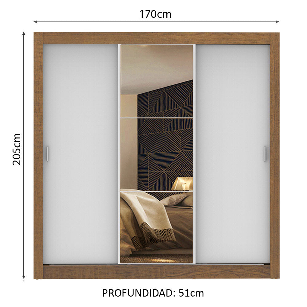 Placard Matrimonial Lyon 3 Puertas Corredizas con Espejo 2 Cajones Marrón/Blanco