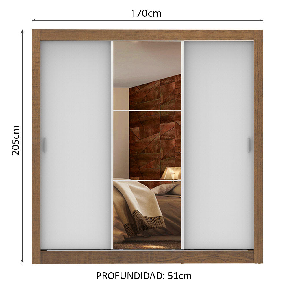 Placard Matrimonial Lyon Plus 3 Puertas Corredizas con Espejo 4 Cajones Marrón/Blanco