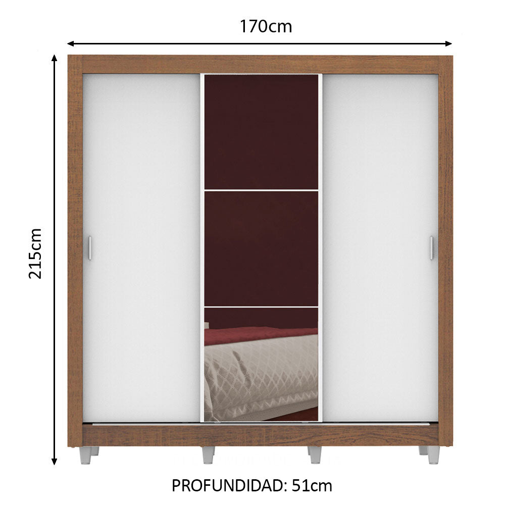 Placard Matrimonial Lyon Plus 170 cm 3 Puertas Corredizas con 1 Espejo 4 Cajones con Patas Marrón/Blanco Madesa
