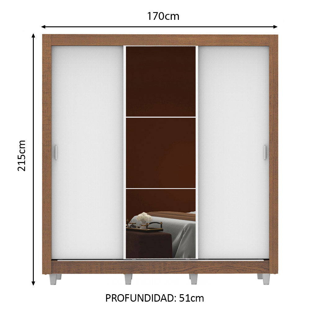 Placard Matrimonial Mónaco 170 cm 3 Puertas Corredizas con 1 Espejo con Patas Marrón/Blanco Madesa