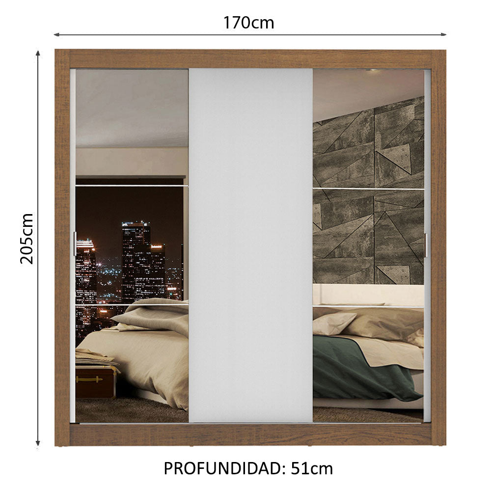 Placard Matrimonial Monaco 3 Puertas Corredizas 2 con Espejo - Marrón/Blanco